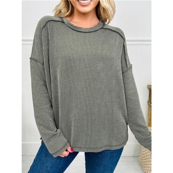 Twist Ribbed Exposed Seam Detail Long Sleeve Loose Top - Picture 1 of 7